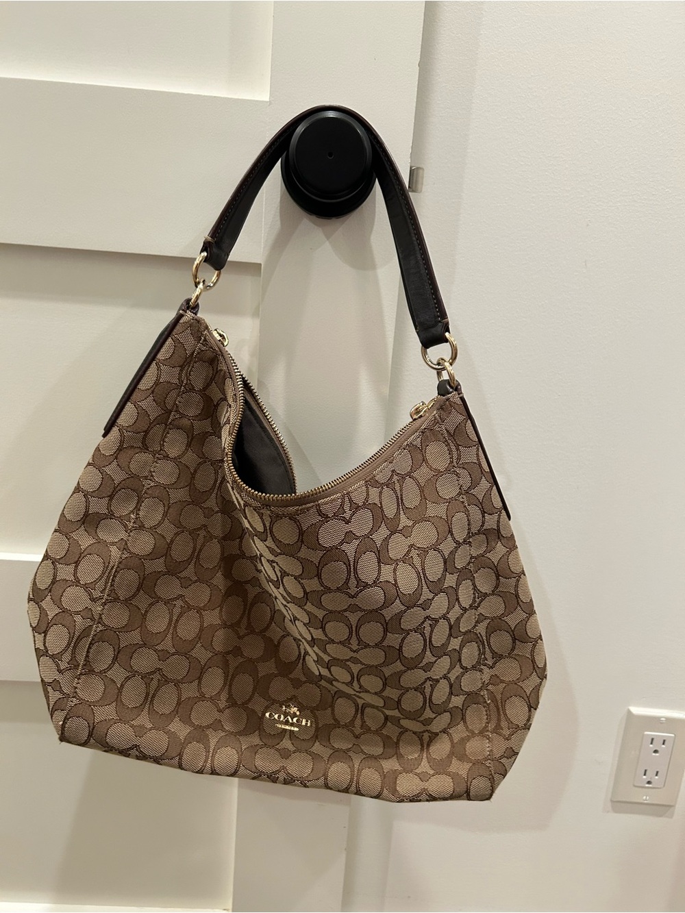 Coach Tan/Brown Signature Canvas Hobo Bag with Dark Leather Strap